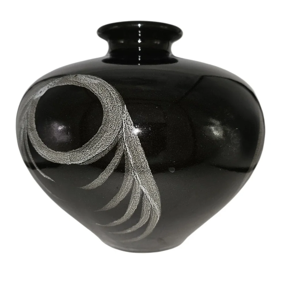 Black Ceramic Vase with Abstract White Design Elegant‎ Home Decor Accent Piece